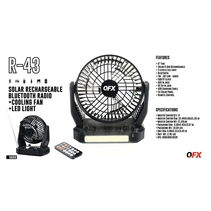 QFX Solar Rechargeable Bluetooth Radio + 3-Speed Cooling Fan +