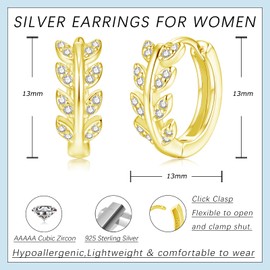 Loutade Ohrringe Gold, CZ Blatt Creolen aus Sterling-Silber 925, 13mm Zierliche Olivenblatt Gold Creolen, Hypoallergen Kleine Schlafen Knorpel Huggie Ohrringe Kreolen Silber 925 Geschenk für Damen