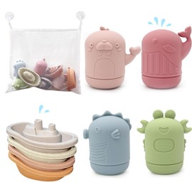 LYNSAN Badewannenspielzeug, 8 Stück Badespielzeug Baby mit Aufbewahrungstasche, Badewanne Spielzeug Boot, Wasserspielzeug Geschenke für Babys Kleinkinder Jungen Mädchen ab 6 Monate 1 2 3 Jahr