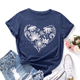 Floral T Shirts for Women Cute Dandelion Graphic T Shirts Heart Wildflower T-Shirts Trendy Vacation Holiday Outdoor Yoga Tops, Dark Blue Small