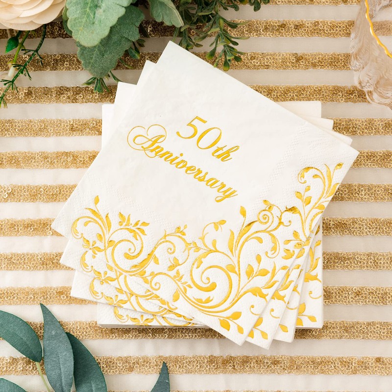 Crisky Gold Foil 50th Anniversary Cocktail Napkins for Golden Wedding