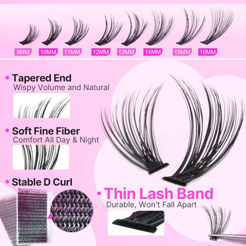 Yawamica Lash Clusters Kit 320pcs Eyelash Clusters D Curly 9-16mm