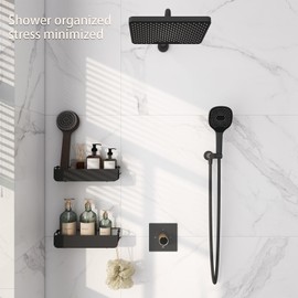 Epock Adhesive Shower Caddy Shelf Rack, 2 Pack No Drilling bathroom organizers for storage with 4 hooks, Black