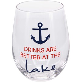Pavilion Gift Company 18 Oz Stemless Wine Glass Drinks Are Better At The Lake, Blue