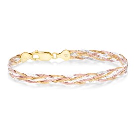 Miabella Tri-Color 18K Gold Over 925 Sterling Silver Italian 6-Strand 7mm Braided Herringbone Chain Bracelet for Women, Made in Italy (Length 7.25 Inches)