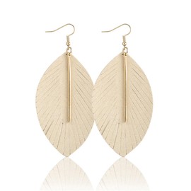 MAIGO Gold Leather Feather Earrings - Feather Earrings for Women, Tassel Earrings, Fringe Leather Earrings, Lightweight Teardrop Dangle Earrings for Girls Fashion, Large Genuine Soft Leather Jewelry