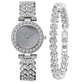 Luxury Women Quartz Bracelet Watches Crystal Diamonds Dress Watch Female Waterproof Wristwatch (Silver 1)
