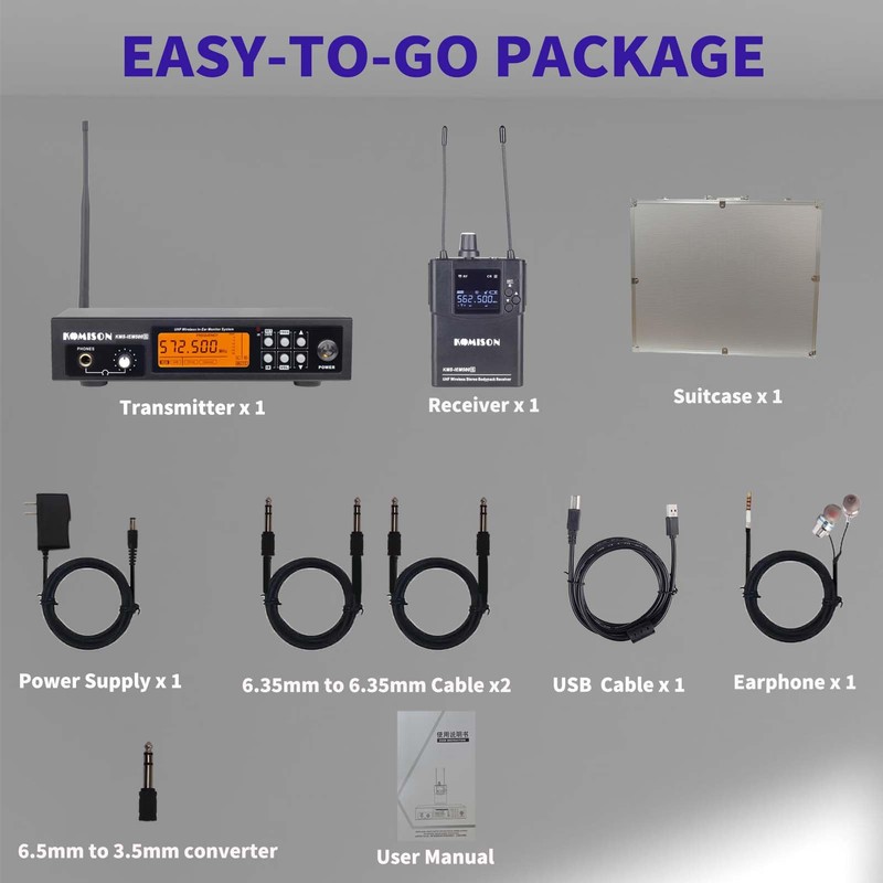 KOMISON UHF Stereo Wireless in Ear Monitor System, Wireless IEM