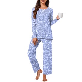 Findsweet 2024 Women's Pajamas Sets 2 Piece Long Sleeve Pj Sleepwear Soft Comfy Tops and Pants with Pockets 3XL, Spotted blue