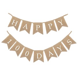 Aabellay Linen Happy 100 Days Garland Welcome Baby Banner Hessian Jute Fabric Bunting Flags Rustic Linen Letters Bunting Flags with 12 Bunting Flags for Home Reception Baby Shower
