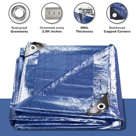 Tarps Waterproof 10x12 Feet, 2 Pack Heavy Duty Blue Tarp Cover 8 Mil Thick, Resistant Plastic Tarpaulin with Metal Grommets, Outdoor Tent Cover for Emergency Rain