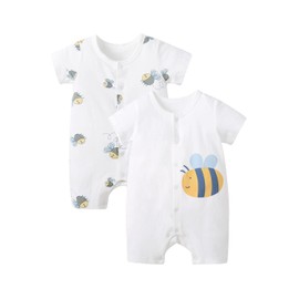 pureborn Baby Romper Infant Boys Girls Short Sleeve Twins One-piece Outfit Summr Cotton Clothes 2 Pack Cartoon Bees 18-24 Months