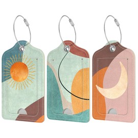 Rimilak 3 Pcs PU Leather Luggage Tags for Suitcase, Travel Cruise Luggage Tag with Privacy Flap, Name ID Label and Metal Loop for Women Men Baggage Handbag School Bag Backpack, Day and Night