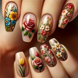24 Pcs Colorful Flower Press on Nails Medium Coffin Shaped Fake Nails Glossy False Nails with Lily Rose Designs Spring Floral Full Cover Acrylic Nails Stick on Nails for Women Nails DIY Manicure