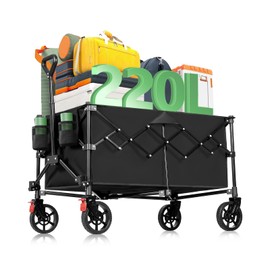 GOTRUTH Collapsible Wagon Cart Foldable, 220L Folding Wagon Cart with All-Terrain Wheels, Outdoor Utility Carts with 350lbs Weight Capacity for Grocery Beach Camping Shopping, Black