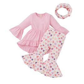 Yccutest Toddler Baby Girl Valentines Day Outfits Long Sleeve Ruffle Top+ Bell Bottom Pants+ Scarf 3Pcs Kids Fall Clothes Set (Pink,2-3 Years)