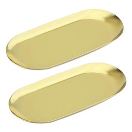 Gold Jewelry Tray Small Decorative Trays Serving Dish for Trinket Oval Metal Plate Trinket Bowl Decor for Vanity Tray,Bathroom, Tea Table, 2Pack (7")