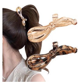 Herbeluemily Banana Clip, Hair Clip, Firm, Hair Clip, Ribbon, Simple, Cute, Set of 2, C, Clear Champagne + Clear Tortoise Shell