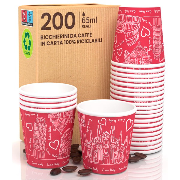 200 Paper Coffee Cups 65ml Italy Red Eco-Friendly Biodegradable Disposable