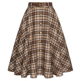 Belle Poque Plaid Midi Skirt for Women Fall Tartan High Waisted A Line Swing Brown Plaid Skirts M