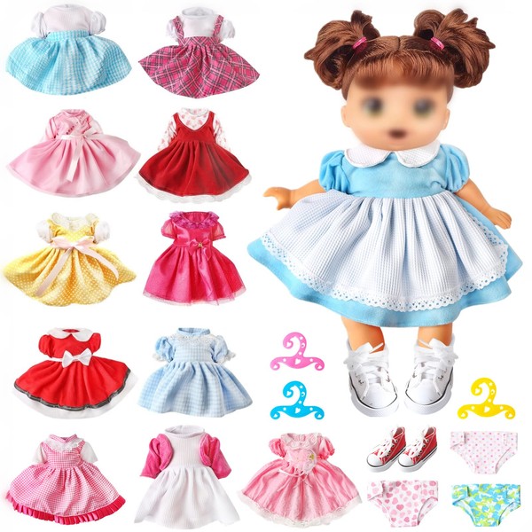 19 Pcs Girl Doll Clothes and Accessories - Baby Doll Clothes Outfits Include 12 Sets Doll Dresses, 1 Pair Casual Canvas Shoes, 3 Hangers & 3 Underwear Fits 12 13 14 15 Inch Bitty Dolls for Girls Gift