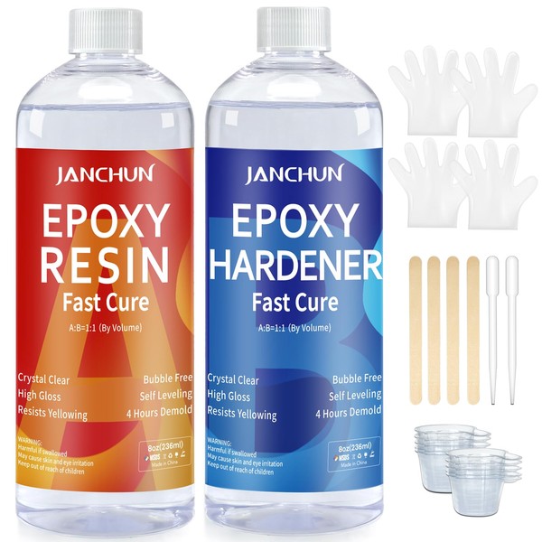 JANCHUN JANCHUN Crystal Clear Epoxy Resin Kit 16oz, Bubble-Free, Anti-Yellowing,
