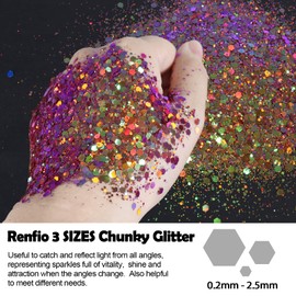 Renfio Chameleon Chunky Glitter, Mixed Fine Powder Color Shift 1.75 Oz (50g) PET Flake Orange Green Purple Glitters Sequin Resin Pigment Chip Dust for Slime Painting Craft Hair Nail - Early Autumn