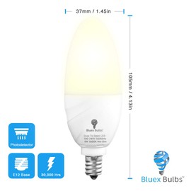 6 Pack BlueX Dusk to Dawn LED Bulbs, 6W E12 Base Light Bulb - 65W Equivalent – 3000K WarmLight White - Smart Light Sensor Candelabra Bulb, Home Security, Driveway, Yard, Porch Lighting