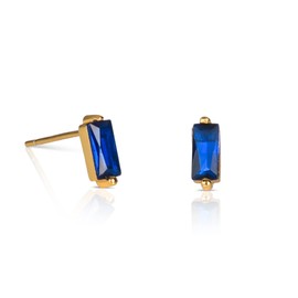 namana Dainty Gold Baguette Stud Earrings in 925 Sterling Silver with Sapphire Blue Cubic Zirconia Stones, Tiny Bar Stud Earrings for Women and Girls, Gold Plated Sapphire Blue Stud Earrings for Women