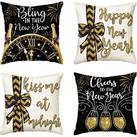 AVOIN colorlife Happy New Year Cheers at The New Year Throw Pillow Covers, 18 x 18 Inch Winter Holiday Celebrate Party Cushion Case Decoration for Sofa Couch Set of 4