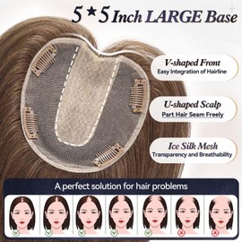 starluck 5x5 inch Lage Silk Base 14 Inch Real Human Hair Toppers for Women,60 Gram High volume, 100% Real Human Hair Toppers for Women with thinning hair hair loss（Brown, no Bangs