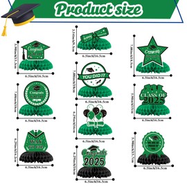 Graduation Decorations 2025, 10 PCS Green and White Graduation Honeycomb Centerpieces for Tables Decor Cap Toppers Party Favors Supplies Gifts Photo Props Signs Class of 2025 Congrats Grad Backdrop