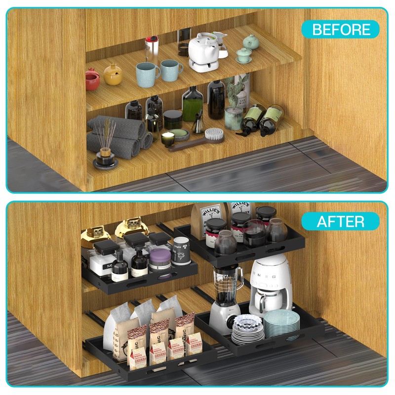 Expandable Pull Out Cabinet Organizer 17" Deep, Adhesive Pull Out