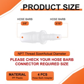 Rebower 4 Pack Plastic Hose Barb to Adapter, 3/8" Barb x 3/16" for Home Gardening, Water Treatment, Hose Quick Connect Fittings