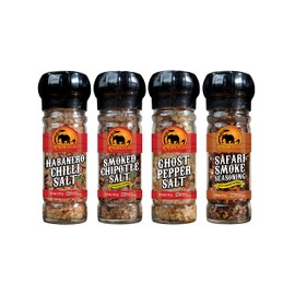 Spicy Salts and Seasonings with Grinder Variety 4-Pack Gift Box by African Dream Foods includes Safari Smoke, Ghost Pepper, Habanero, Smoked Chipotle Chili Salts | All-Natural