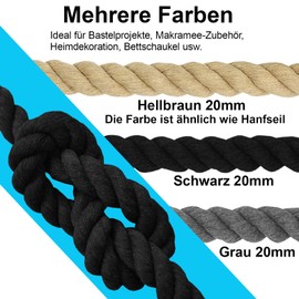 Cotton Cord, Black Macrame Yarn Rope, Many Sizes, Cotton Rope for DIY Crafts, Gifts (Black 20 mm (5 M))