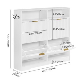 MAHANCRIS Shoe Storage Cabinet, Freestanding Shoe Organizer with 4 Flip Drawers and 2 Compartments, Modern Fluted Storage Cabinet with Hooks, for Entryway, Foyer, Cloakroom, White SHWT22901