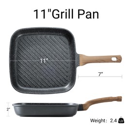 CAROTE 11 Inch Nonstick Grill Pan for Steak - Premium Granite Nonstick Coating, Square Grill Skillet, Indoor Outdoor RV Camping Use, Gas & Induction Safe, All Stovetops Compatible, PFOA Free, Black