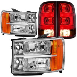 Reinko Headlight Taillight Combo Compatible with 2007-2013 GMC Sierra 1500/2007-2014 Sierra 2500HD 3500HD, Replacement Chrome W/Amber Headlamp OE Style Brake Lamps