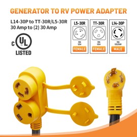 MECMO 30 Amp NEMA L14-30P to TT-30R L5-30R RV Generator Power Adapter, 4 Prong Twist Locking Generator Male Plug to Travel Trailer RV Female Cord RV Splitter for RV Trailer Camper Generator Charging