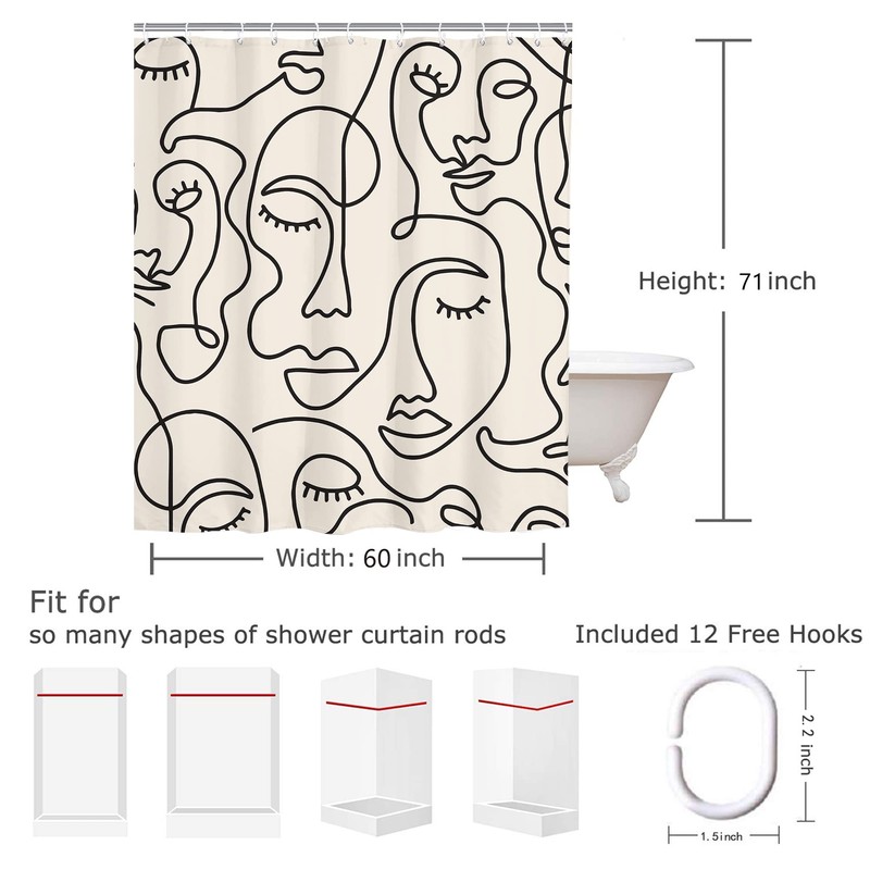 Yookeb Abstract Face Minimalist Modern Bathroom Shower Curtain Line Art