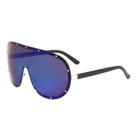 Polarized Color Mirror Studded Frame Round Oversized One Piece Shield Lens Sunglasses POL-M10587-CM (Blue Silver)
