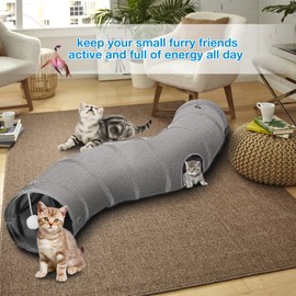 Ownpets Cat Tunnel, S Shape bend Way Pet Tunnel with Sturdy Oxford Fabric, Foldable and Resistant to Tearing, Featuring Multiple Exits, Hanging Ball and Teaser Wand,Grey,Length 120CM
