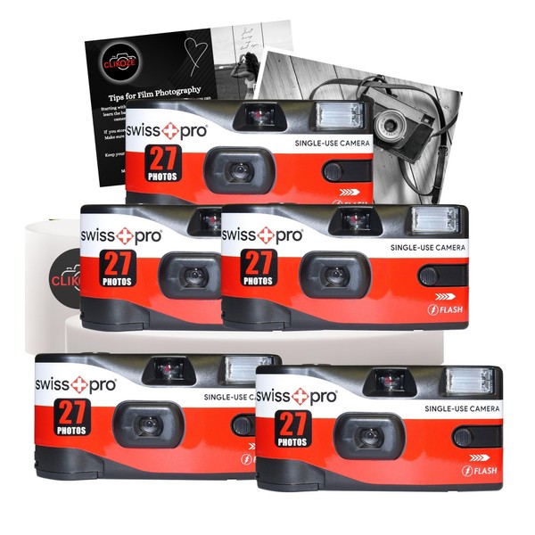 Disposable Cameras Multipack - Bundle with 5 X Swiss+Pro Disposable Camera Single-Use Film Cameras with 27 Exposures and Clikoze Disposable Photography Tips Card