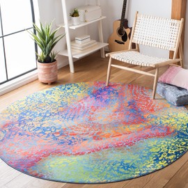SAFAVIEH Paint Brush Collection Area Rug - 6'7" Round, Blue & Coral, Non-Shedding Machine Washable & Slip Resistant Ideal for High Traffic Areas in Living Room, Bedroom (PTB119B)