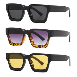 YAMEIZE 3 Pairs Vintage Rectangular Square Sunglasses for Women Men Vintage Glasses Square Frame Trendy 90s Glasses, Black/Grey+Blackleopard/Grey+Black/Yellow