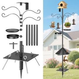 Upgraded Heavy Duty Bird Feeder Pole, 92 Inch Squirrel Proof Adjustable Bird Feeding Station,1 Inch Dia Bird House Pole, 4 Shepherd Hooks for Feeder Stand, Includes Water Bowl & Mesh Tray