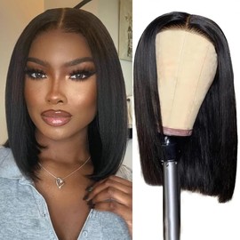 Glueless Wigs Human Hair Pre Plucked Pre Cut 4x4 Lace Closure Wear and Go Wig 180% Density Straight Glueless Bob Wigs for Black Women Natural Color Beginner Friendly (Glueless Wig, 14inch)