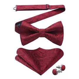 HISDERN Bow Tie Pre tied Mens Burgundy Paisley Bow Ties & Pocket Square Set with Cufflinks Red Bow-tie Handkerchief Wedding Party Christmas Gifts Men,Burgundy