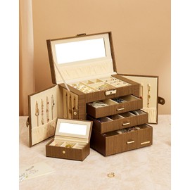 Homde 2 IN 1 Jewelry Box for Women Girls with Small Travel Case Mirror Necklace Ring Earrings Organizer (Brown + Gold)